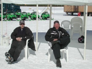 Phil Mickelson (right) taking a less-than-serious mid-afternoon break with Snow Goer Sales Manager Mark Rosacker at the 2002 Rode Reports. 