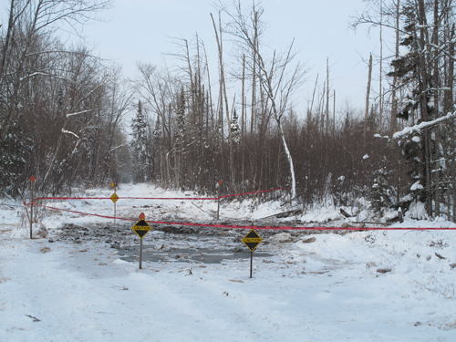 Interesting site: A local snowmobile club’s Tucker-Terra trail groomer broke through ice in a swamp last week. Fortunately it’s been pulled out and it sounds like damage was minimal.