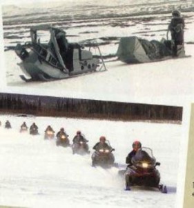 Forty years of snowmobile development made a big difference in the two trips; from the Sno·Traveler to Indy Sport Touring. Bessie Billberg, above, rode the entire trip standing on the back of the sleigh.
