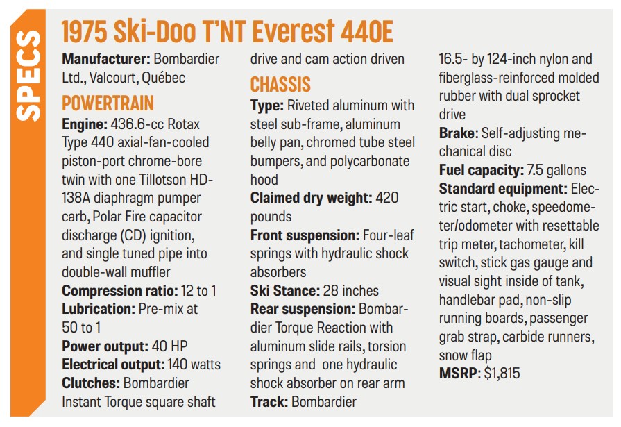 1975 Ski-Doo T'NT Everest 440E Specs